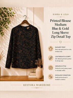 Bimba y Lola Navy Gold Paisley Blouse Medium Long Sleeve Zip Detail Top